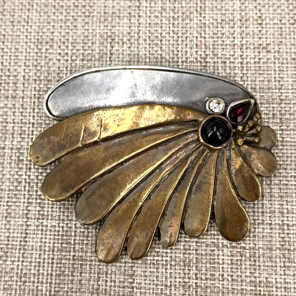Vintage 925 Sterling Silver Brass Gold Tone Feather Rhinestone Brooch Pin MCM